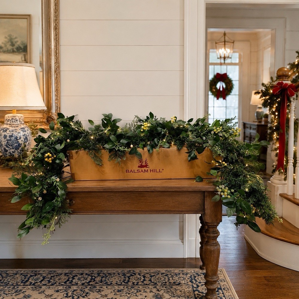Balsam Hill 6' White Berry Cypress Garland Pre-Lit Christmas Greenery Batteries